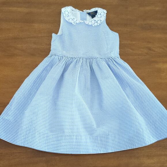 Girls Polo Ralph Lauren Blue/white sleeveless Seersucker Dress size 4T GUC